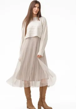 Rochie suprapusa din tulle cu bulinute cu puloveras cu model, bej deschis imagine