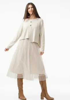 Rochie suprapusa din tulle  cu puloveras cu nasturi metalici, ivoire imagine