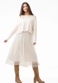 Rochie suprapusa din tulle  cu puloveras despicat la spate, bej ivoire imagine