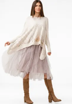 Rochie suprapusa din tulle cu volane suprapuse, cu pulover in colturi oversize cu ploaie de paiete, bej imagine