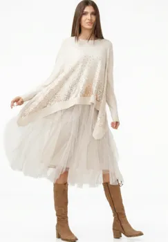 Rochie suprapusa din tulle plisat, cu pulover in colturi oversize cu ploaie de paiete, bej imagine