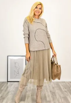 Rochie suprapusa din tulle plisat, cu puloveras, bej imagine