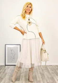 Rochie suprapusa din tulle plisat, cu puloveras, ivoire imagine