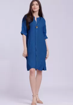Rochie tunica din in albastru electric, cu nasture metalic decorativ imagine