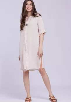 Rochie tunica din in bej, cu nasture metalic decorativ imagine