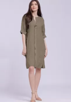 Rochie tunica din in bej inchis, cu nasture metalic decorativ imagine