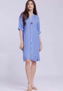 Rochie tunica din in bleu, cu nasture metalic decorativ imagine