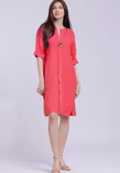 Rochie tunica din in fucsia, cu nasture metalic decorativ imagine