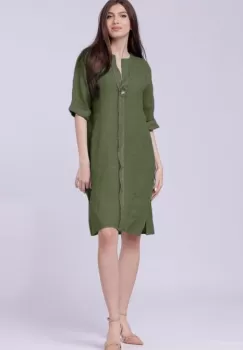 Rochie tunica din in kaki, cu nasture metalic decorativ imagine