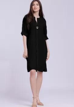 Rochie tunica din in neagra, cu nasture metalic decorativ imagine