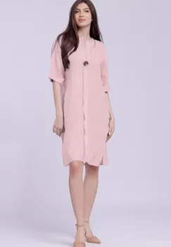Rochie tunica din in roz prafuit, cu nasture metalic decorativ imagine