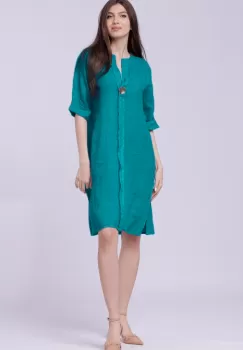 Rochie tunica din in turcoaz, cu nasture metalic decorativ imagine