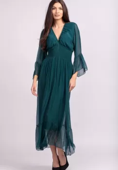 Rochie turcoaz din matase naturala cu banda elastica in talie si volane imagine