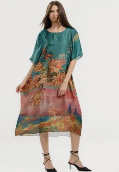 Rochie turcoaz eleganta satinata A-line cu croiala lejera si imprimeu floral in tonuri de roz-oranj imagine