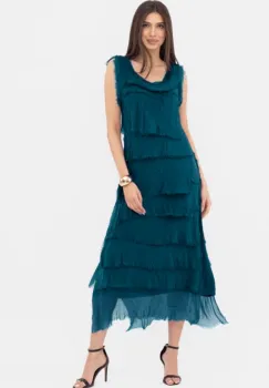 Rochie turcoaz inchis din matase naturala cu volane franjurate suprapuse, fara maneci imagine