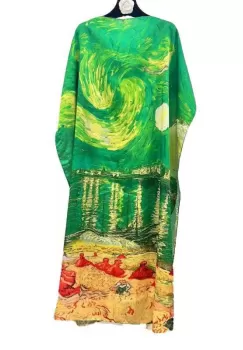 Rochie verde de plaja lunga tip poncho din matase cu reproducere dupa Noapte Instelata deasupra Rhonului de Claude Monet imagine