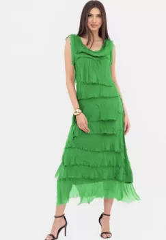Rochie verde din matase naturala cu volane franjurate suprapuse, fara maneci imagine