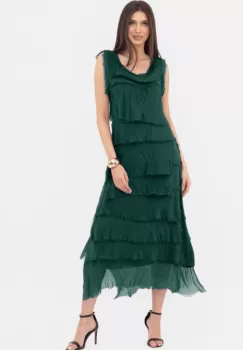 Rochie verde inchis din matase naturala cu volane franjurate suprapuse, fara maneci imagine