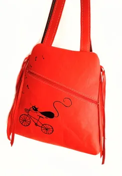 Rucsac corai din piele naturala ,lucrat manual ,cu pisicuta pe bicicleta,unicat imagine