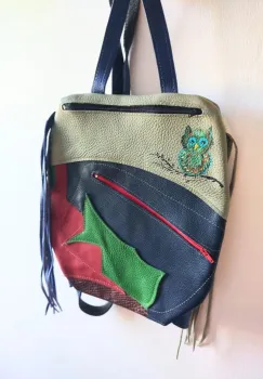 Rucsac handmade multicolor din piele naturala ,cu bufnita pictata manual imagine