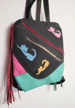 Rucsac multicolor ,din piele naturala ,cu pisicute colorate, unicat imagine