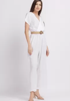 Salopeta de vara, din in, cu bust petrecut si curea, alba imagine