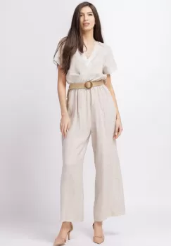 Salopeta de vara, din in, cu bust petrecut si curea, bej imagine