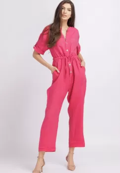 Salopeta de vara, din in, cu cordon in talie, fucsia imagine