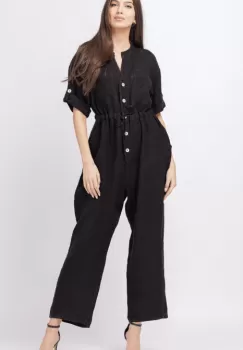 Salopeta de vara, din in, cu cordon in talie, neagra imagine