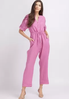 Salopeta de vara, din in, cu cordon in talie, roz intens imagine