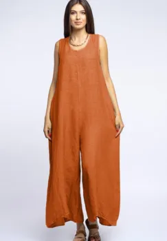 Salopeta de vara larga din in cu bretele late, caramizie imagine