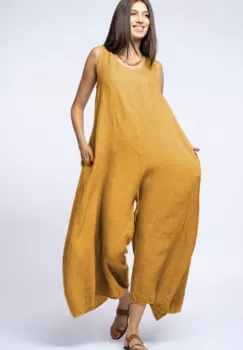 Salopeta de vara larga din in cu bretele late, galben mustar imagine