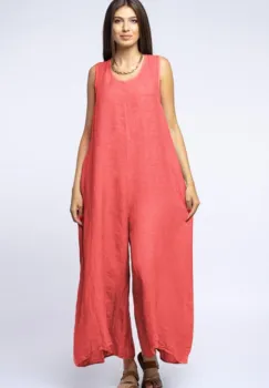 Salopeta de vara larga din in cu bretele late, roz inchis imagine