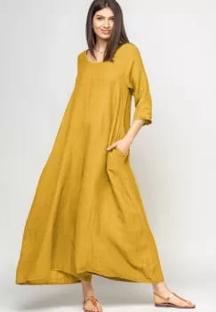 Salopeta de vara larga din in, cu maneci, mustar deschis imagine