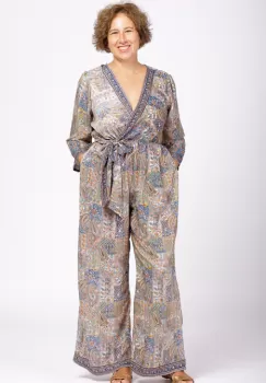 Salopeta din matase indiana cu bust petrecut, bej si culori pastelate imagine