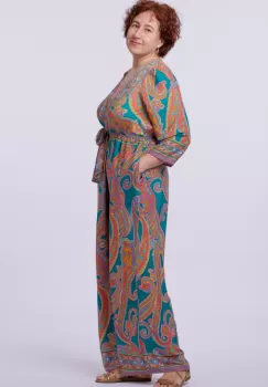 Salopeta din matase indiana cu bust petrecut, turcoaz si portocaliu imagine