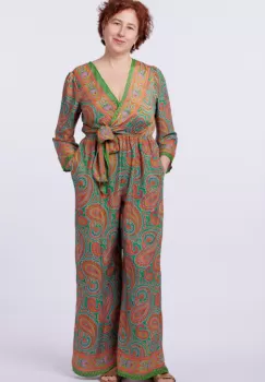 Salopeta din matase indiana cu bust petrecut, verde si portocaliu imagine