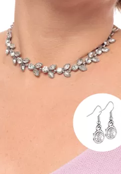 Set colier la baza gatului argintiu cu cercei cu strasuri albe imagine
