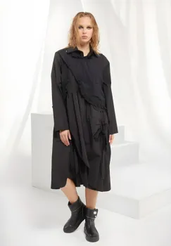 Set rochie neagra oversize cu guler tip camasa si vesta cu volanas imagine