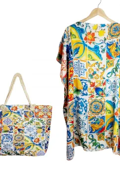 Set rochie tip poncho din matase si geanta mare de vara cu model marocan cu lamai in culori vibrante imagine