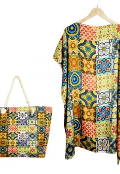 Set rochie tip poncho din matase si geanta mare de vara cu model marocan in culori vibrante imagine