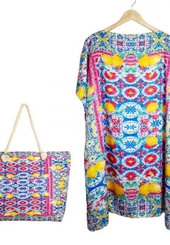 Set rochie tip poncho din matase si geanta mare de vara cu model mediteranean cu lamai pe alb si fucsia imagine