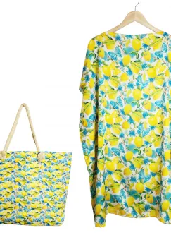 Set rochie tip poncho din matase si geanta mare de vara cu model mediteranean cu lamai si fluturi imagine