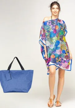 Set rochie tip poncho din matase si geanta mare de vara, in nuante de albastru imagine