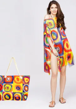 Set rochie tip poncho din matase si geanta mare de vara, reproducere dupa Kandinski imagine