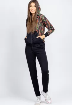 Trening dama bumbac doua piese, pantalon negru si hanorac cu corai si kaki imagine