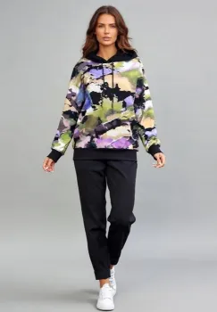 Trening dama cu hanorac imprimat cu ilustratie fashion si pantaloni jogger ,   negru imagine