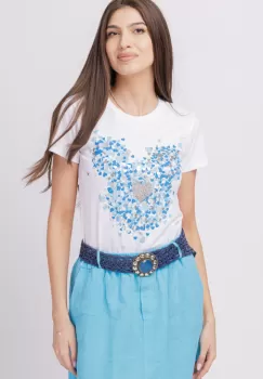 Tricou alb din bumbac cu imprimeu turcoaz-argintiu Micky stilizat si inima imagine