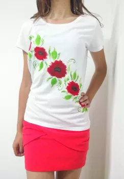 Tricou alb pictat manual cu maci imagine