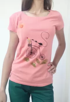 Tricou roz pictat manual cu pisicuta imagine